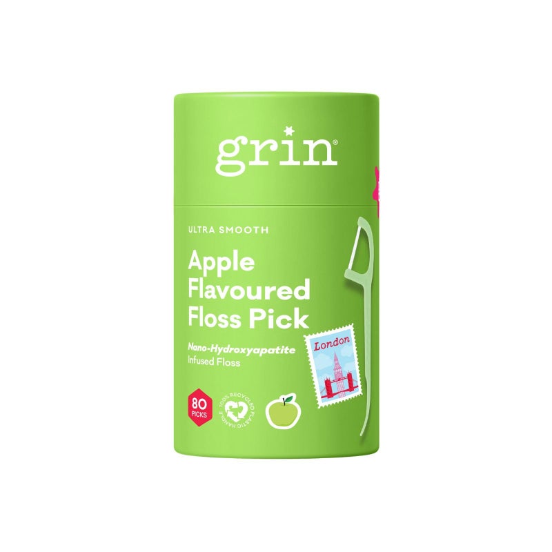 Grin Ultra Smooth Adult Tooth Floss Picks â€“ Fruity Dental Floss Sticks with Apple Flavour - Gentle on Tight Teeth - Convenient Handles for Daily Oral Care - 80pk Canister